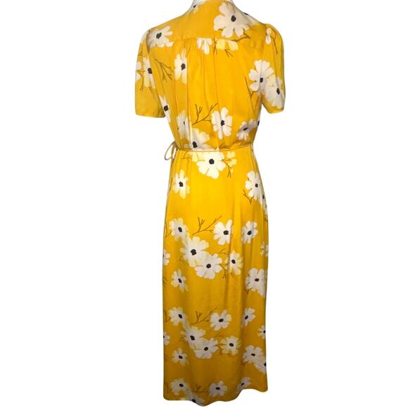Madewell Wrap Dress Yellow Ikat Floral Puff Sleeves Midi Length Size Small - Picture 4 of 11